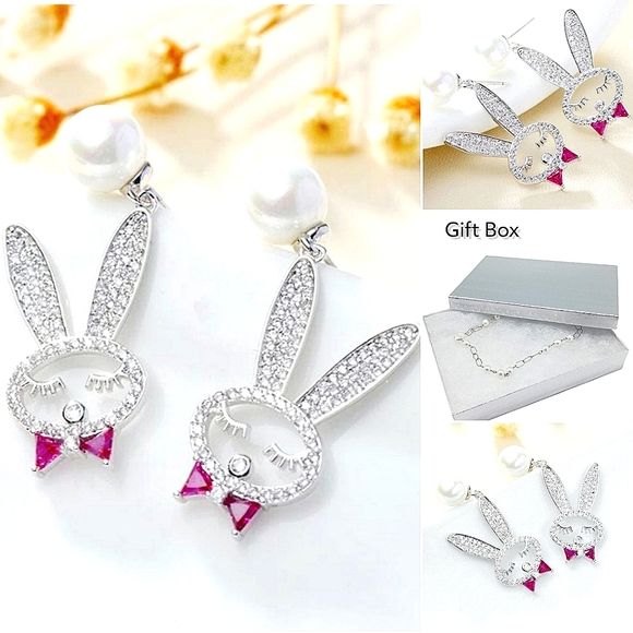 Silver plated pink white crystal pearl Bunny bow tie earrings with silver post - Picture 2 of 8